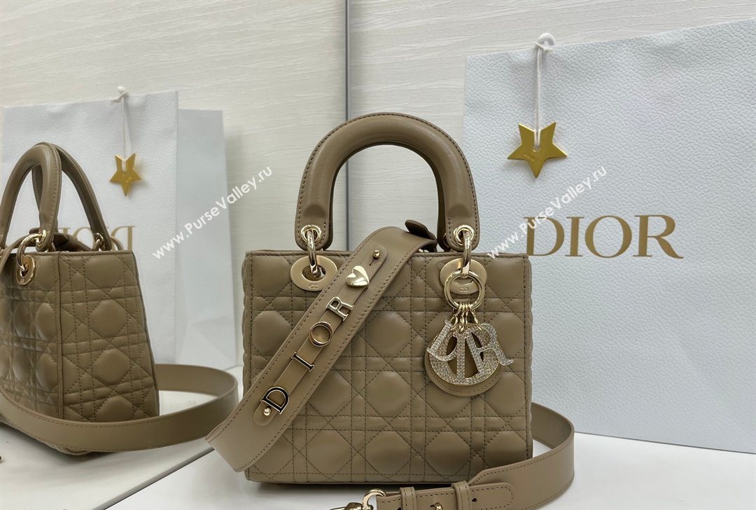 Dior Small Lady Dior My ABCDior Bag in Cannage Lambskin Leather with Strass Charm Khaki 2026 0126 (XXG-260126057)