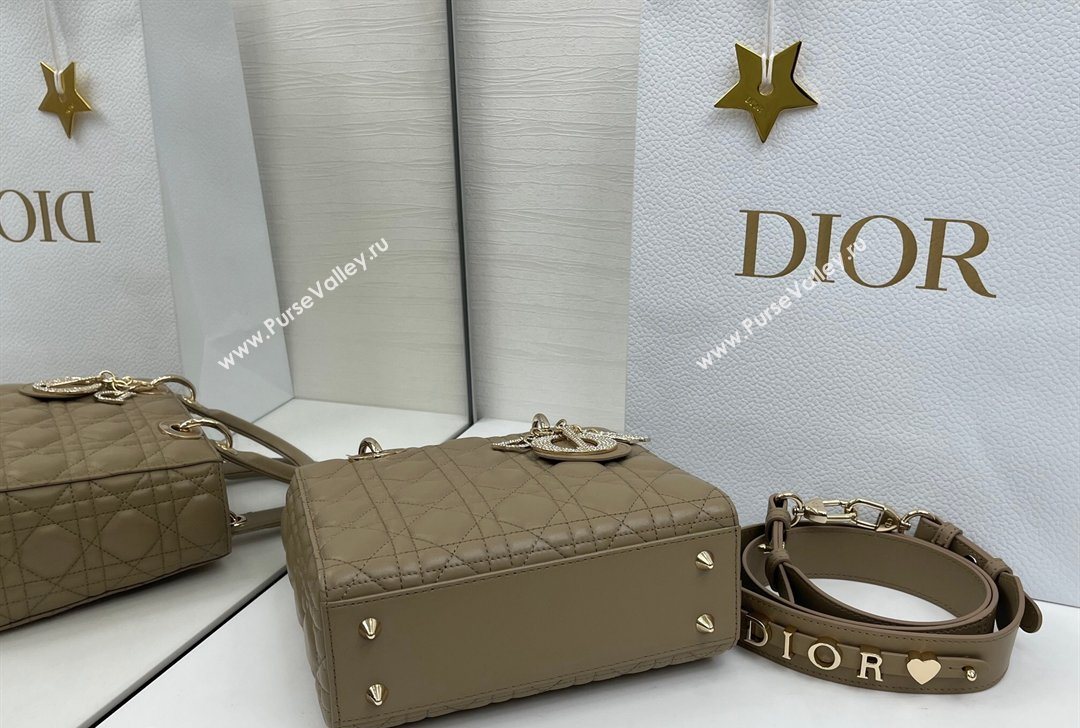 Dior Small Lady Dior My ABCDior Bag in Cannage Lambskin Leather with Strass Charm Khaki 2026 0126 (XXG-260126057)