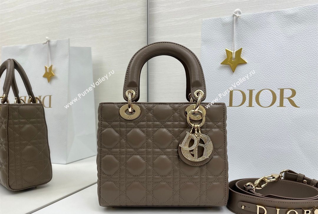 Dior Small Lady Dior My ABCDior Bag in Cannage Lambskin Leather with Strass Charm Dark Grey 2026 0126 (XXG-260126058)