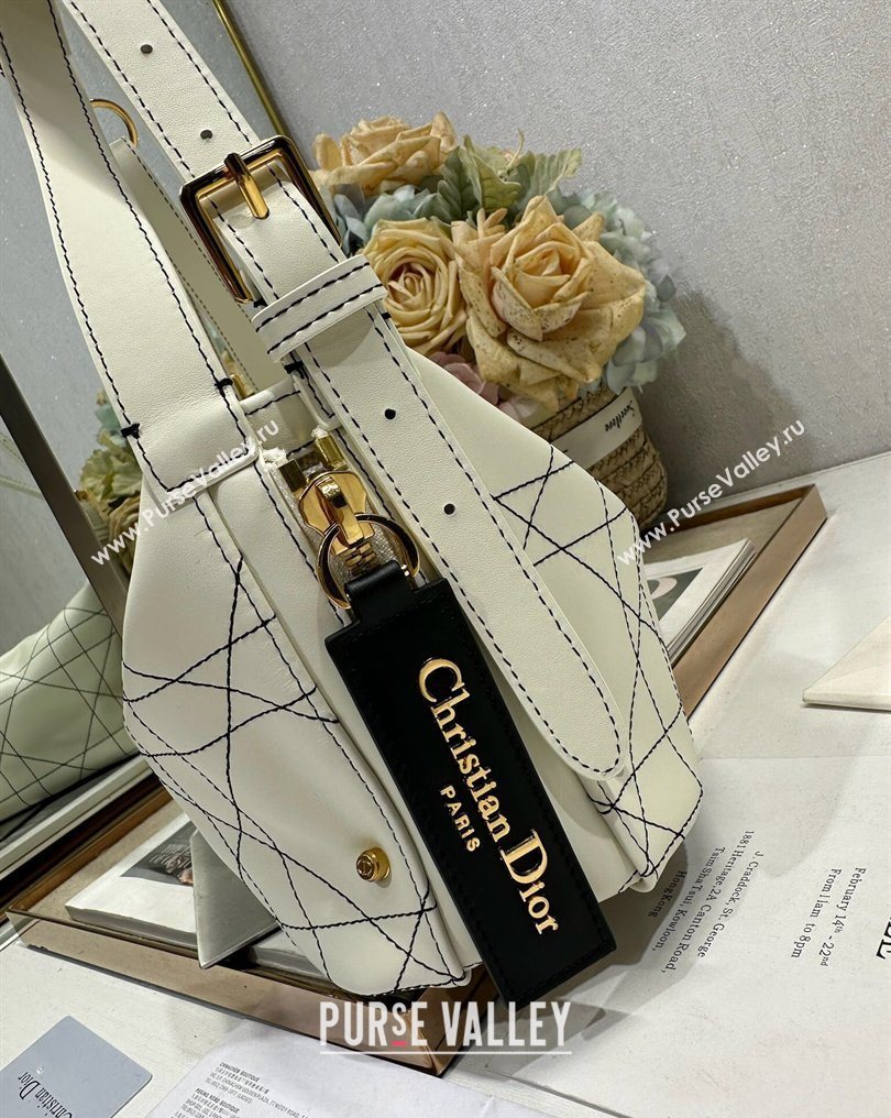 Dior Small D-Journey Bag in Two-Tone Calfskin Leather in White Flat Macrocannage with Contrasting Black Topstitching 2026 (XXG-2