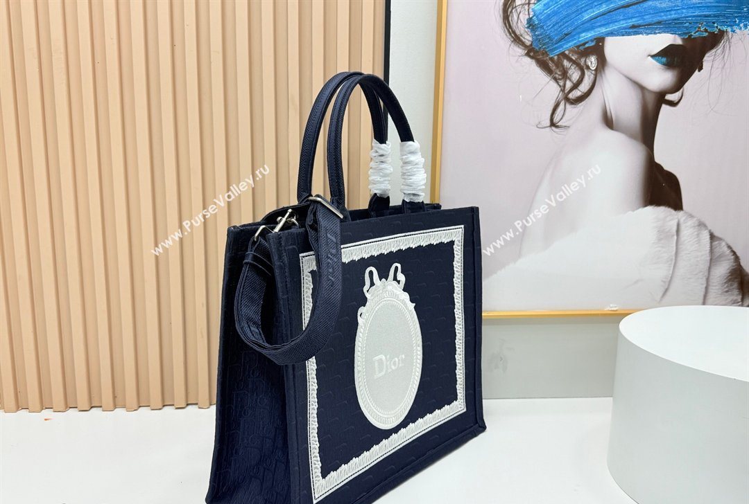 Dior Large Book Tote Bag in Blue Oblique Embroidery with White Lace and Dior Medaillon 2026 8833 (BF-260127055)