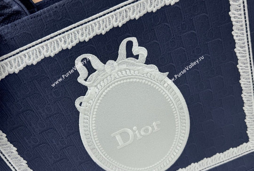 Dior Large Book Tote Bag in Blue Oblique Embroidery with White Lace and Dior Medaillon 2026 8833 (BF-260127055)