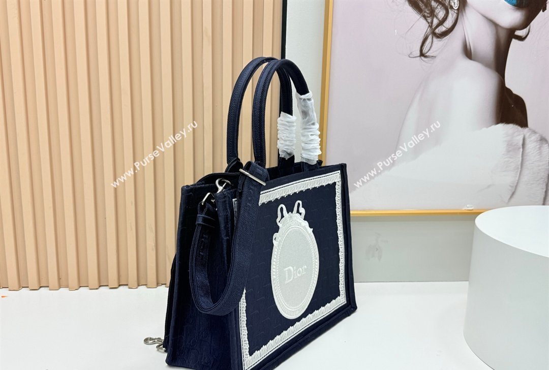 Dior Medium Book Tote Bag in Blue Oblique Embroidery with White Lace and Dior Medaillon 2026 8833 (BF-260127056)
