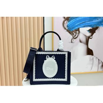 Dior Small Book Tote Bag in Blue Oblique Embroidery with White Lace and Dior Medaillon 2026 8833 (BF-260127057)