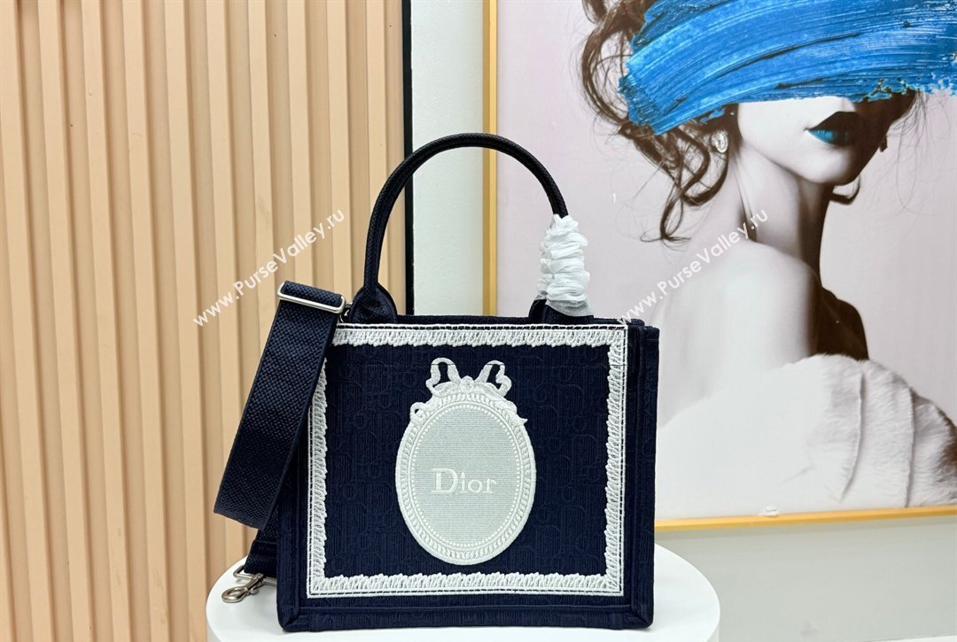 Dior Small Book Tote Bag in Blue Oblique Embroidery with White Lace and Dior Medaillon 2026 8833 (BF-260127057)