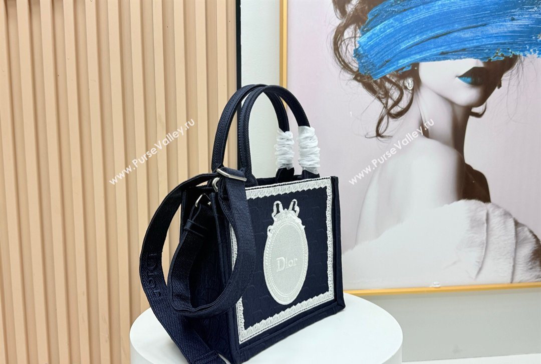 Dior Small Book Tote Bag in Blue Oblique Embroidery with White Lace and Dior Medaillon 2026 8833 (BF-260127057)