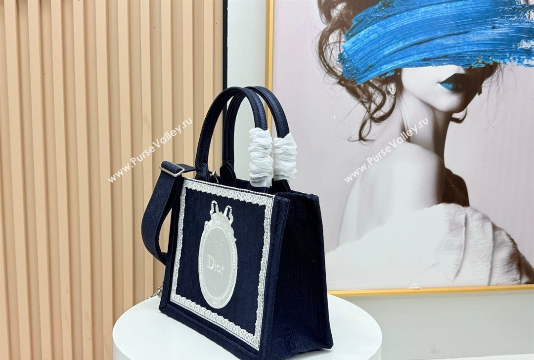 Dior Small Book Tote Bag in Blue Oblique Embroidery with White Lace and Dior Medaillon 2026 8833 (BF-260127057)