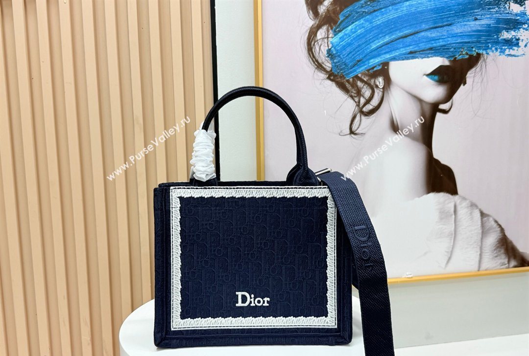 Dior Small Book Tote Bag in Blue Oblique Embroidery with White Lace and Dior Medaillon 2026 8833 (BF-260127057)