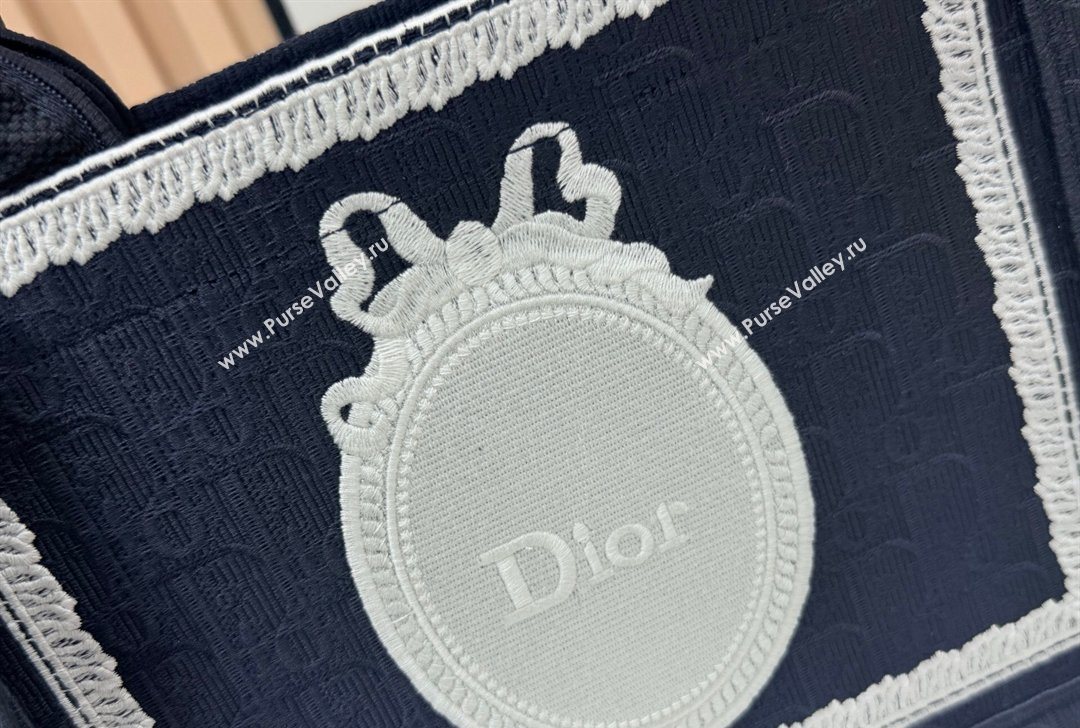 Dior Small Book Tote Bag in Blue Oblique Embroidery with White Lace and Dior Medaillon 2026 8833 (BF-260127057)