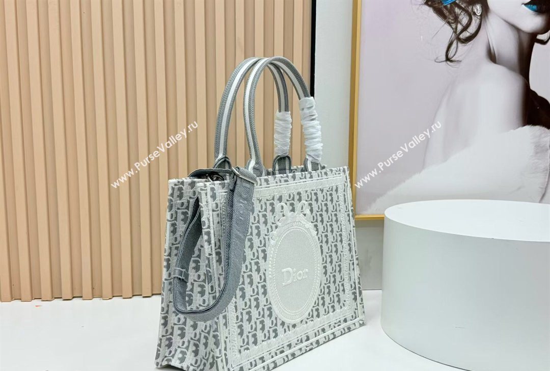 Dior Medium Book Tote Bag in Grey Oblique Embroidery with White Lace and Dior Medaillon 2026 8835 (BF-260127059)