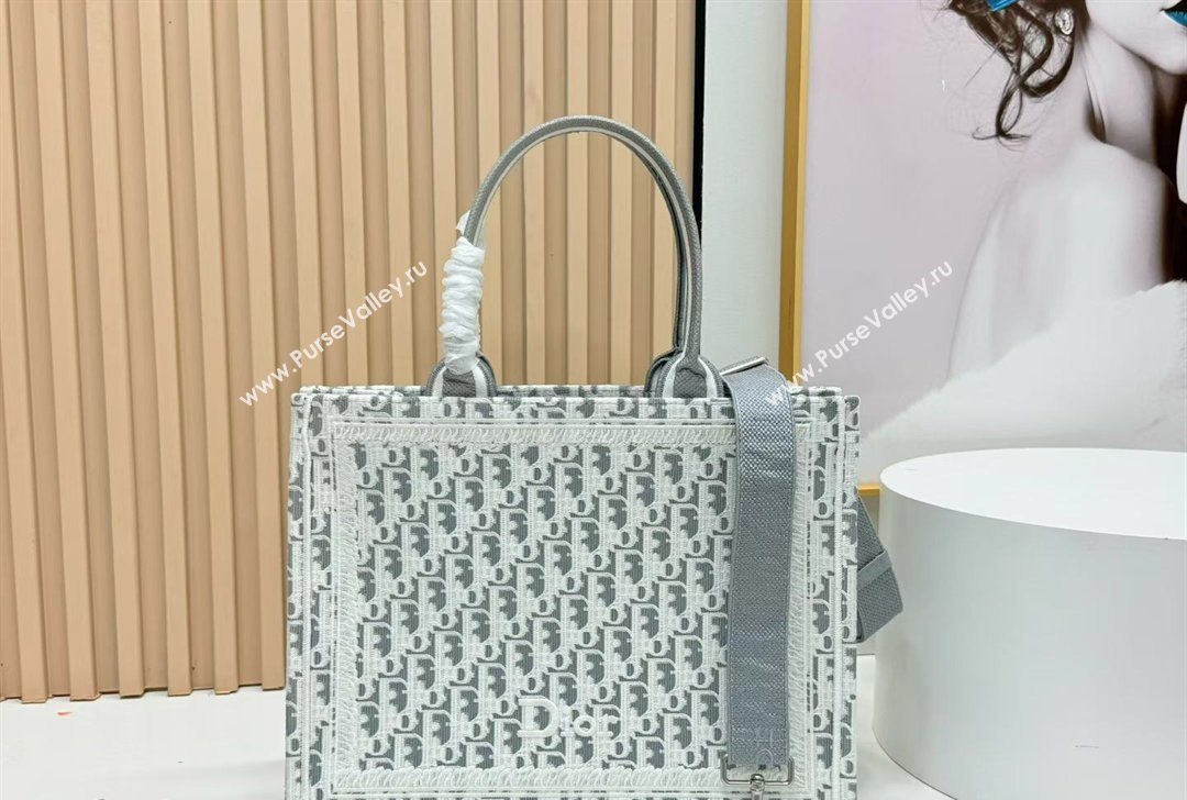 Dior Medium Book Tote Bag in Grey Oblique Embroidery with White Lace and Dior Medaillon 2026 8835 (BF-260127059)