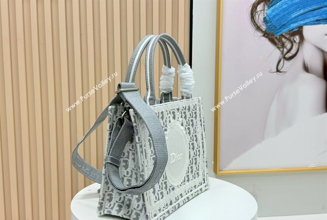 Dior Small Book Tote Bag in Grey Oblique Embroidery with White Lace and Dior Medaillon 2026 8835 (BF-260127060)