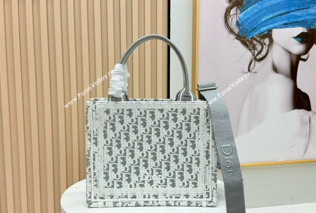 Dior Small Book Tote Bag in Grey Oblique Embroidery with White Lace and Dior Medaillon 2026 8835 (BF-260127060)