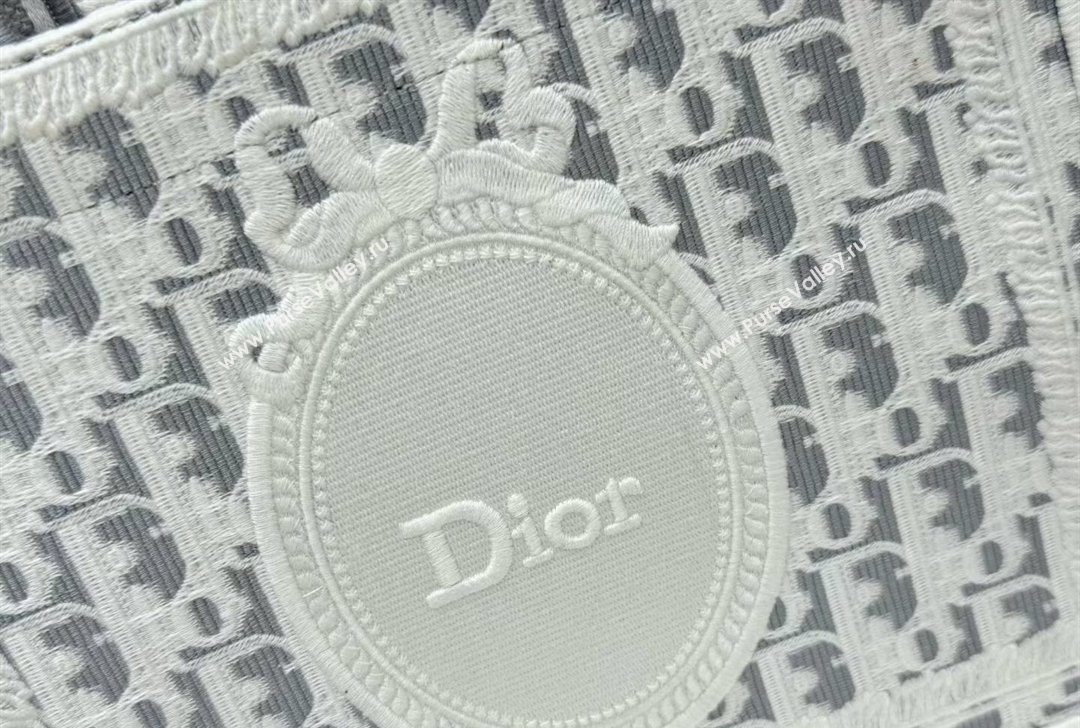 Dior Small Book Tote Bag in Grey Oblique Embroidery with White Lace and Dior Medaillon 2026 8835 (BF-260127060)