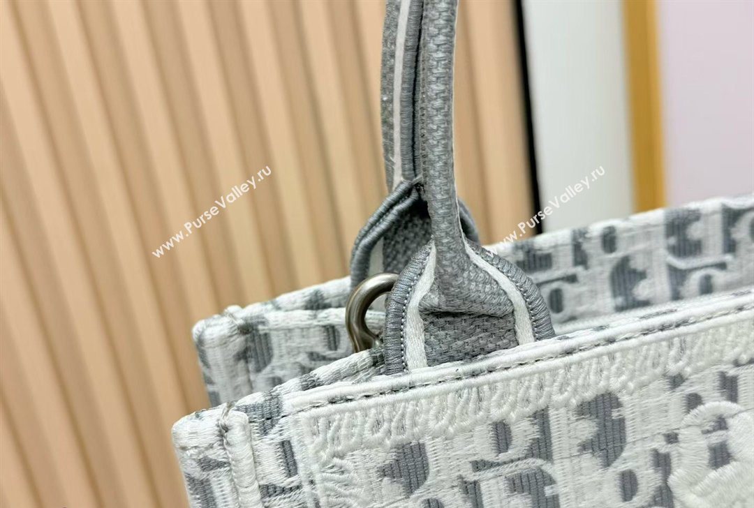 Dior Small Book Tote Bag in Grey Oblique Embroidery with White Lace and Dior Medaillon 2026 8835 (BF-260127060)