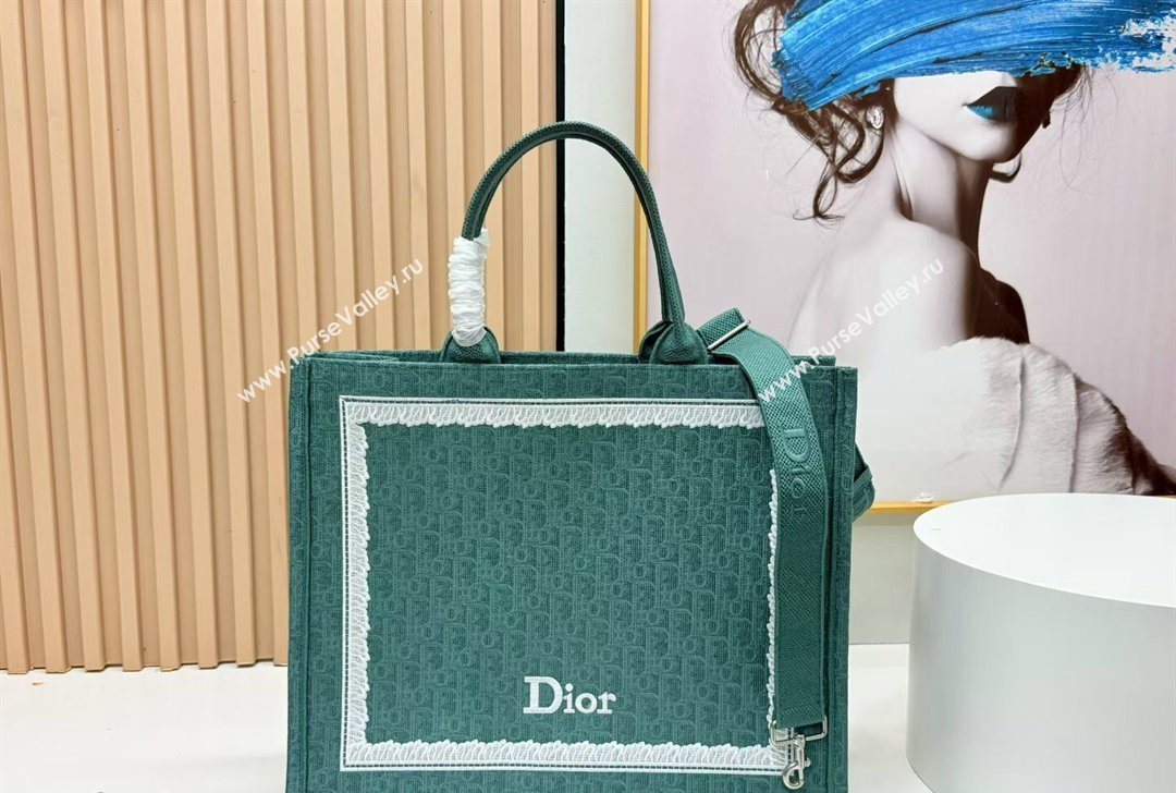 Dior Large Book Tote Bag in Green Oblique Embroidery with White Lace and Dior Medaillon 2026 8835 (BF-260127061)