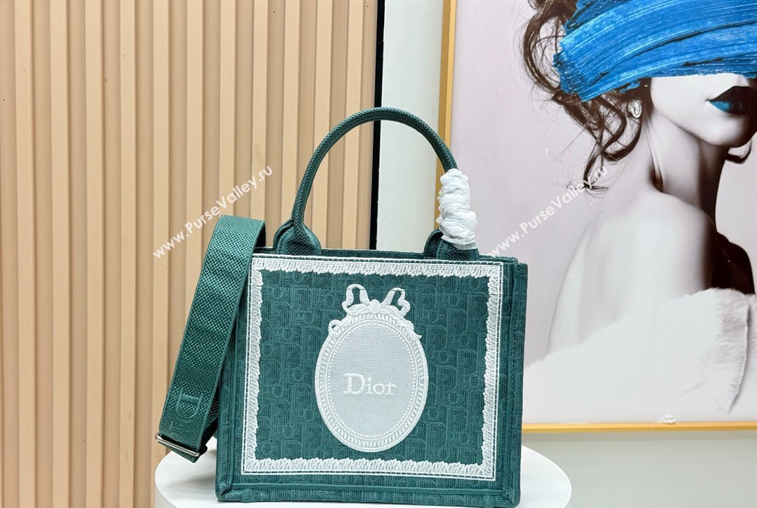 Dior Small Book Tote Bag in Green Oblique Embroidery with White Lace and Dior Medaillon 2026 8835 (BF-260127063)