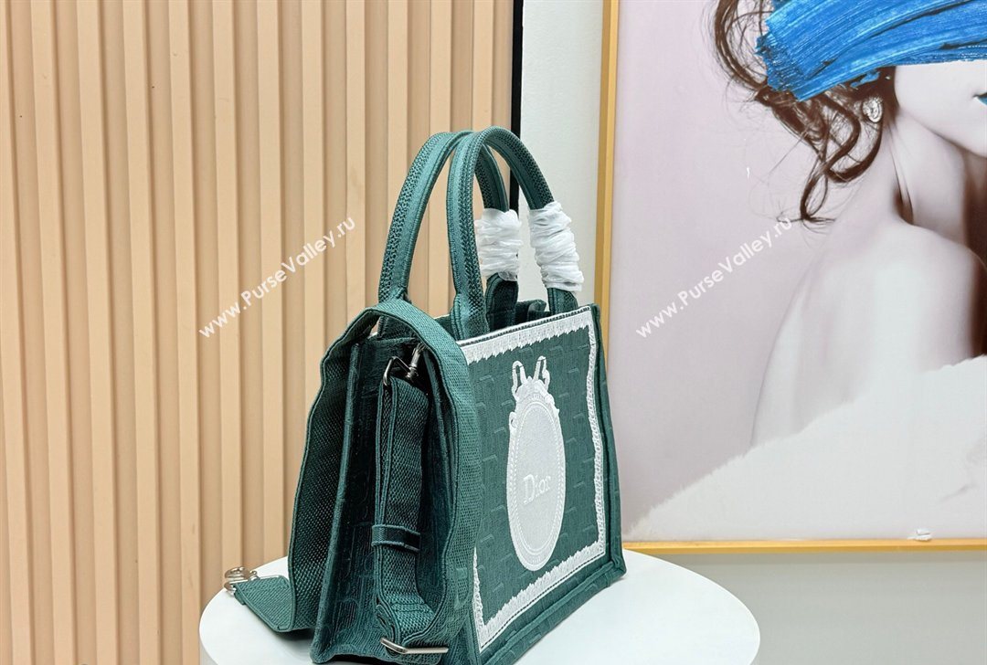 Dior Small Book Tote Bag in Green Oblique Embroidery with White Lace and Dior Medaillon 2026 8835 (BF-260127063)