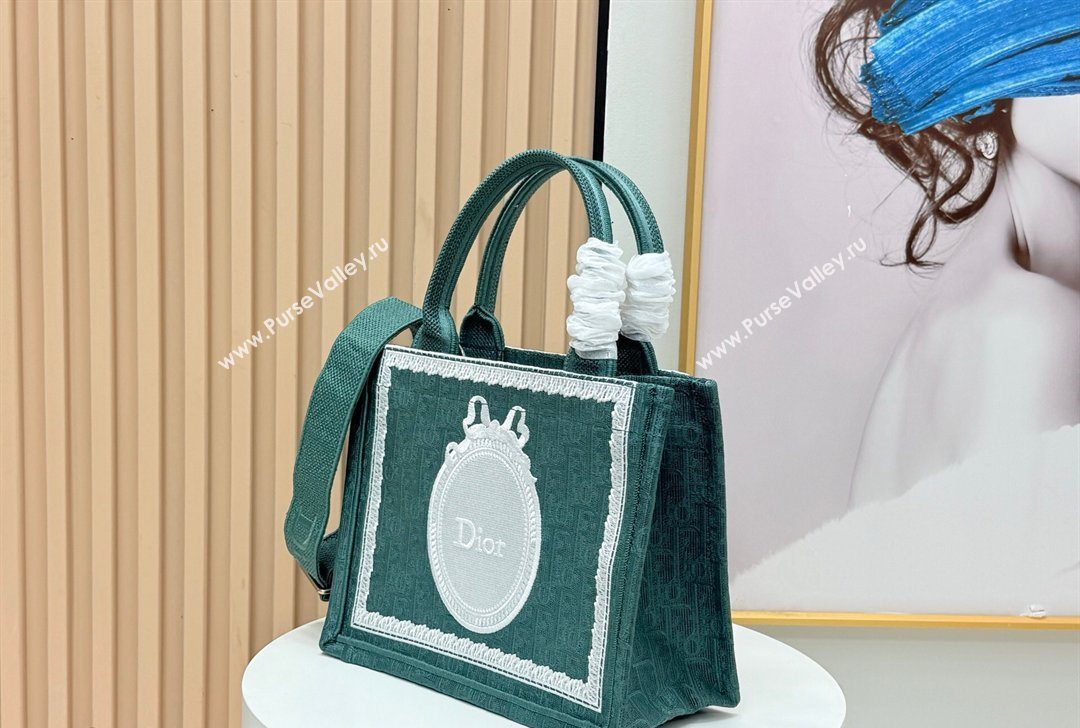 Dior Small Book Tote Bag in Green Oblique Embroidery with White Lace and Dior Medaillon 2026 8835 (BF-260127063)