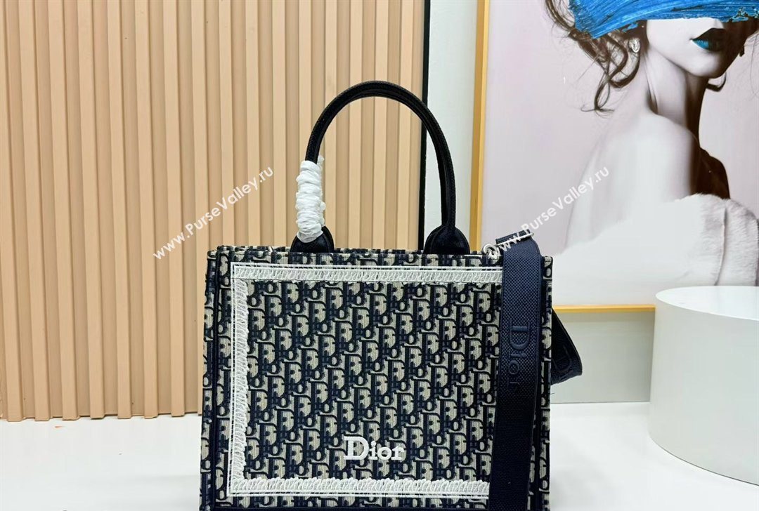 Dior Medium Book Tote Bag in Blue Oblique Embroidery with White Lace and Dior Medaillon 2026 8835 (BF-260127065)