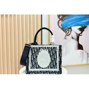 Dior Small Book Tote Bag in Blue Oblique Embroidery with White Lace and Dior Medaillon 2026 8835 (BF-260127066)
