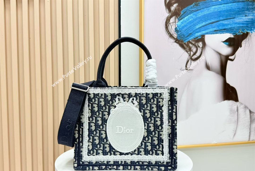 Dior Small Book Tote Bag in Blue Oblique Embroidery with White Lace and Dior Medaillon 2026 8835 (BF-260127066)