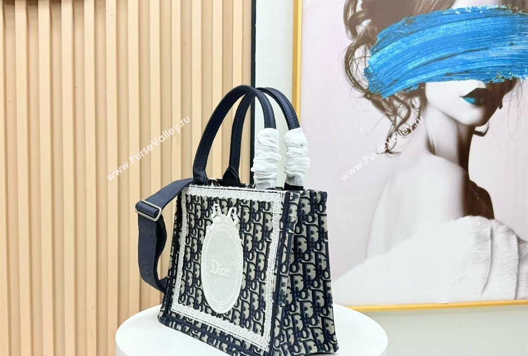 Dior Small Book Tote Bag in Blue Oblique Embroidery with White Lace and Dior Medaillon 2026 8835 (BF-260127066)