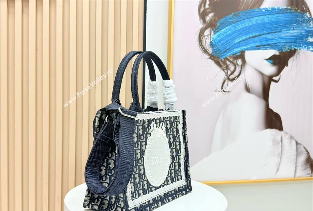 Dior Small Book Tote Bag in Blue Oblique Embroidery with White Lace and Dior Medaillon 2026 8835 (BF-260127066)