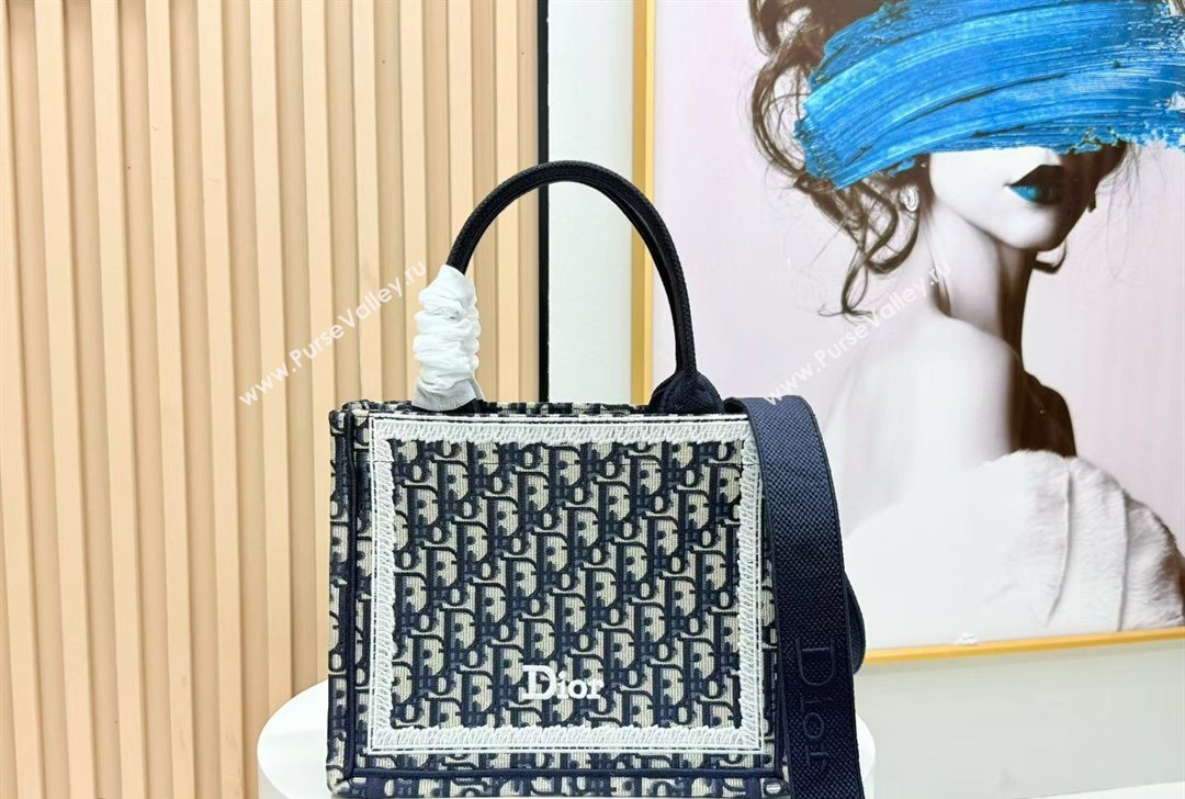 Dior Small Book Tote Bag in Blue Oblique Embroidery with White Lace and Dior Medaillon 2026 8835 (BF-260127066)