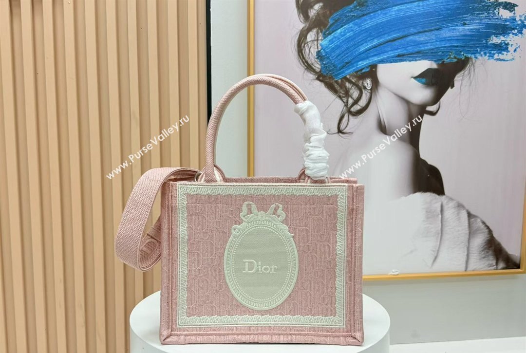 Dior Small Book Tote Bag in Pink Oblique Embroidery with White Lace and Dior Medaillon 2026 8835 (BF-260127069)