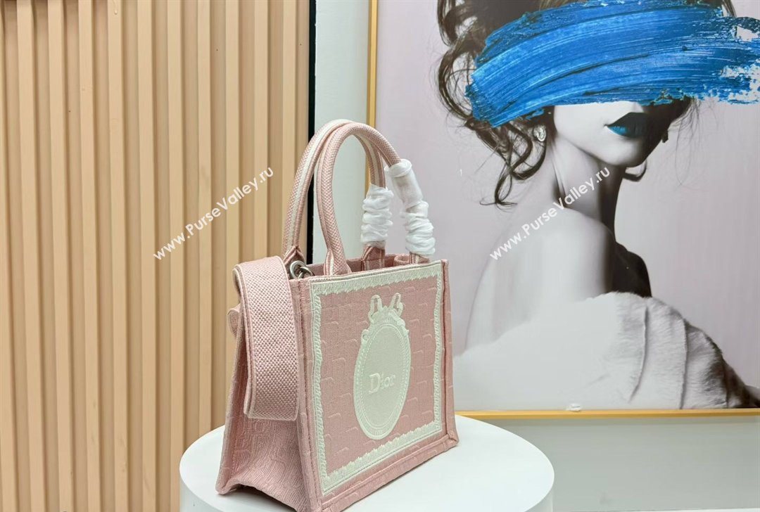 Dior Small Book Tote Bag in Pink Oblique Embroidery with White Lace and Dior Medaillon 2026 8835 (BF-260127069)