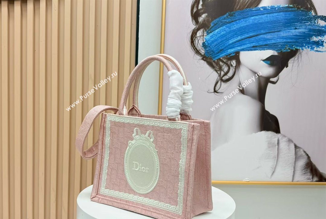 Dior Small Book Tote Bag in Pink Oblique Embroidery with White Lace and Dior Medaillon 2026 8835 (BF-260127069)