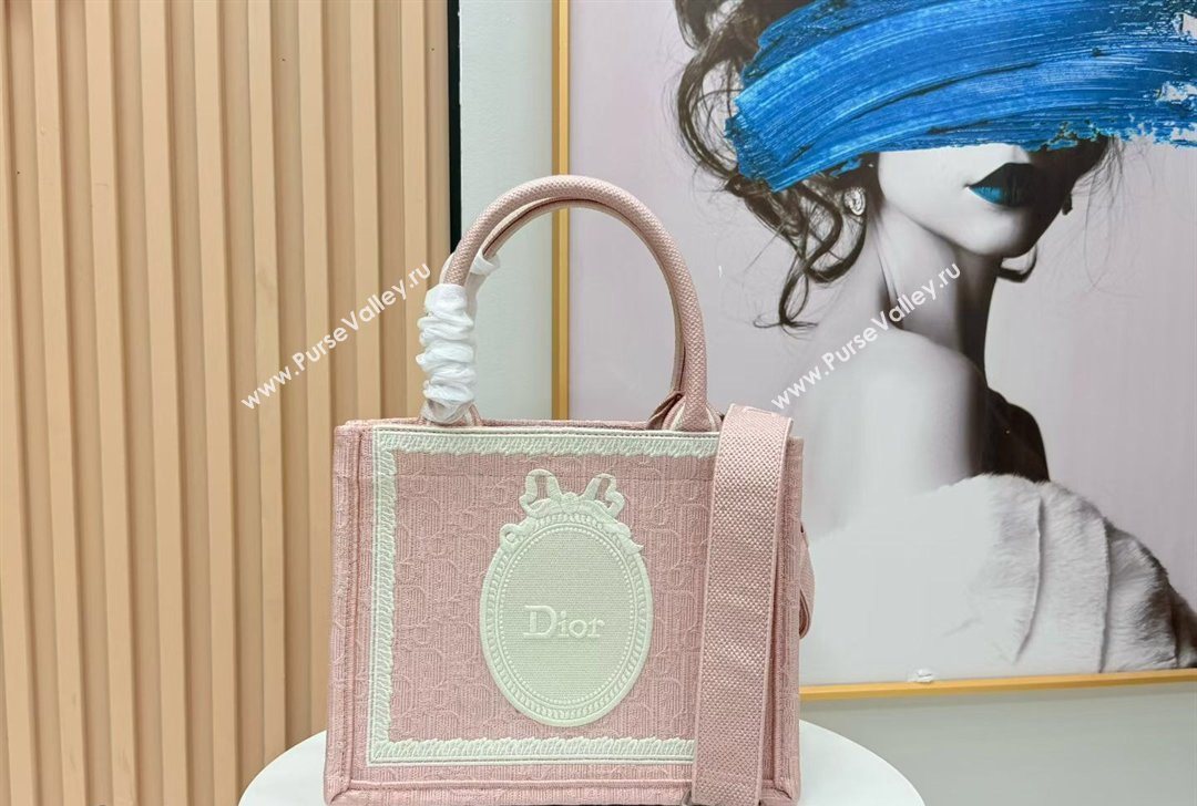Dior Small Book Tote Bag in Pink Oblique Embroidery with White Lace and Dior Medaillon 2026 8835 (BF-260127069)