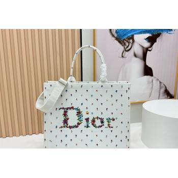 Dior Large Book Tote Bag in White Multicolor Revolution Flowers Embroidery 2026 8835 (BF-260127025)
