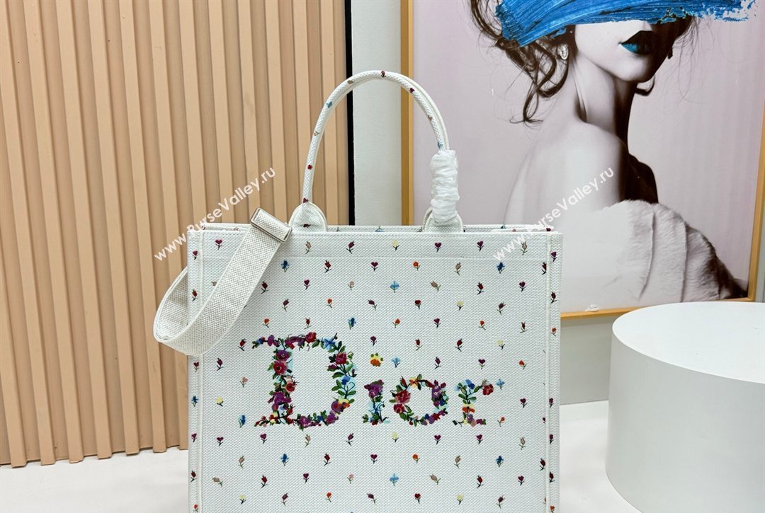 Dior Large Book Tote Bag in White Multicolor Revolution Flowers Embroidery 2026 8835 (BF-260127025)