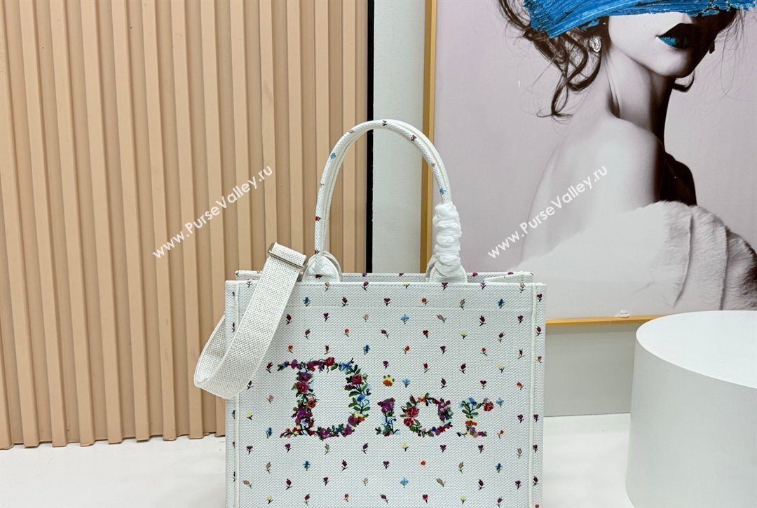 Dior Medium Book Tote Bag in White Multicolor Revolution Flowers Embroidery 2026 8835 (BF-260127026)