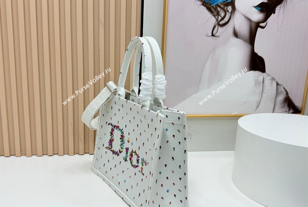 Dior Medium Book Tote Bag in White Multicolor Revolution Flowers Embroidery 2026 8835 (BF-260127026)