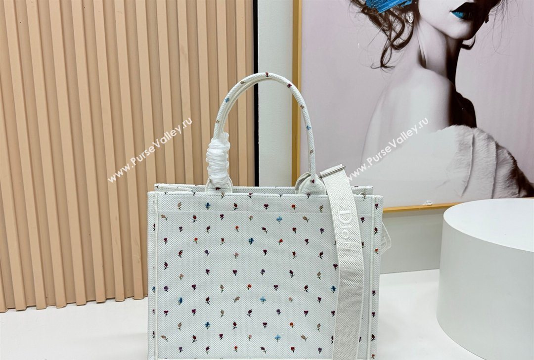 Dior Medium Book Tote Bag in White Multicolor Revolution Flowers Embroidery 2026 8835 (BF-260127026)