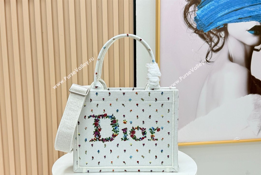Dior Small Book Tote Bag in White Multicolor Revolution Flowers Embroidery 2026 8835 (BF-260127027)