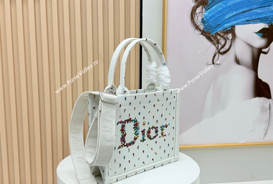 Dior Small Book Tote Bag in White Multicolor Revolution Flowers Embroidery 2026 8835 (BF-260127027)
