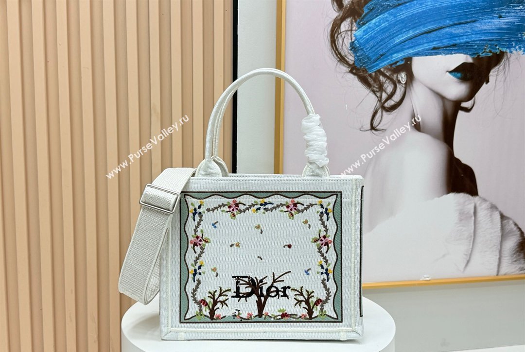 Dior Small Book Tote Bag in White Multicolor Revolution Flowers Embroidery 2026 8833 (BF-260127030)