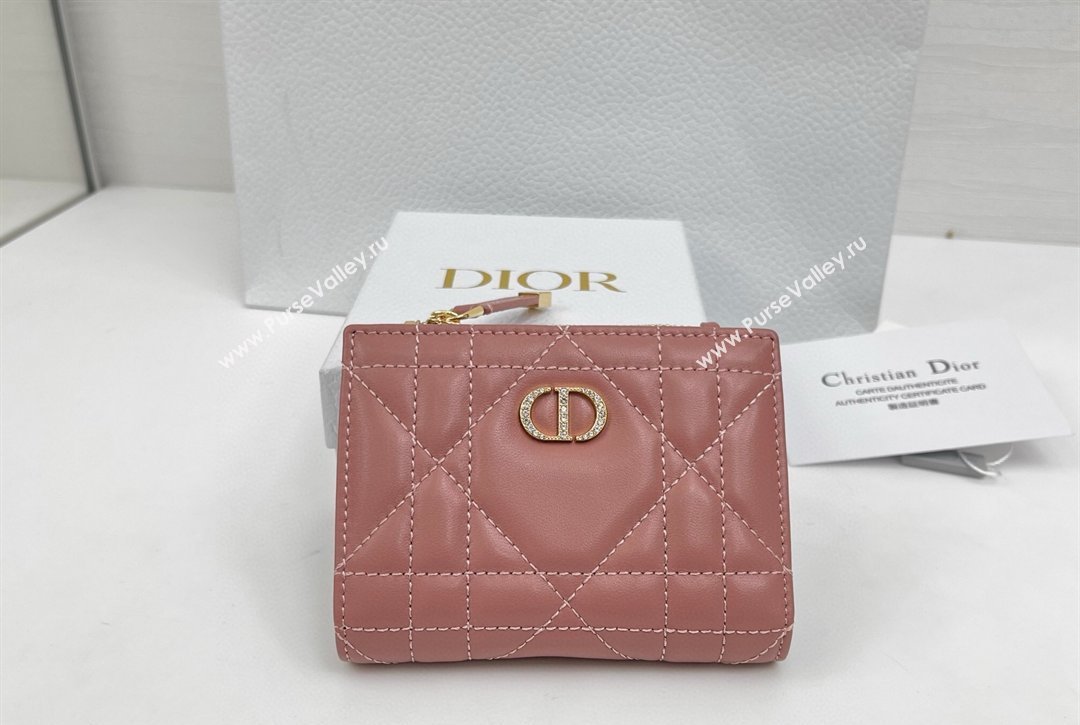 Dior Caro Dahlia Wallet with Crystals in Macrocannage Lambskin Leather Vintage Pink 2026 4208 (XXG-260127002)