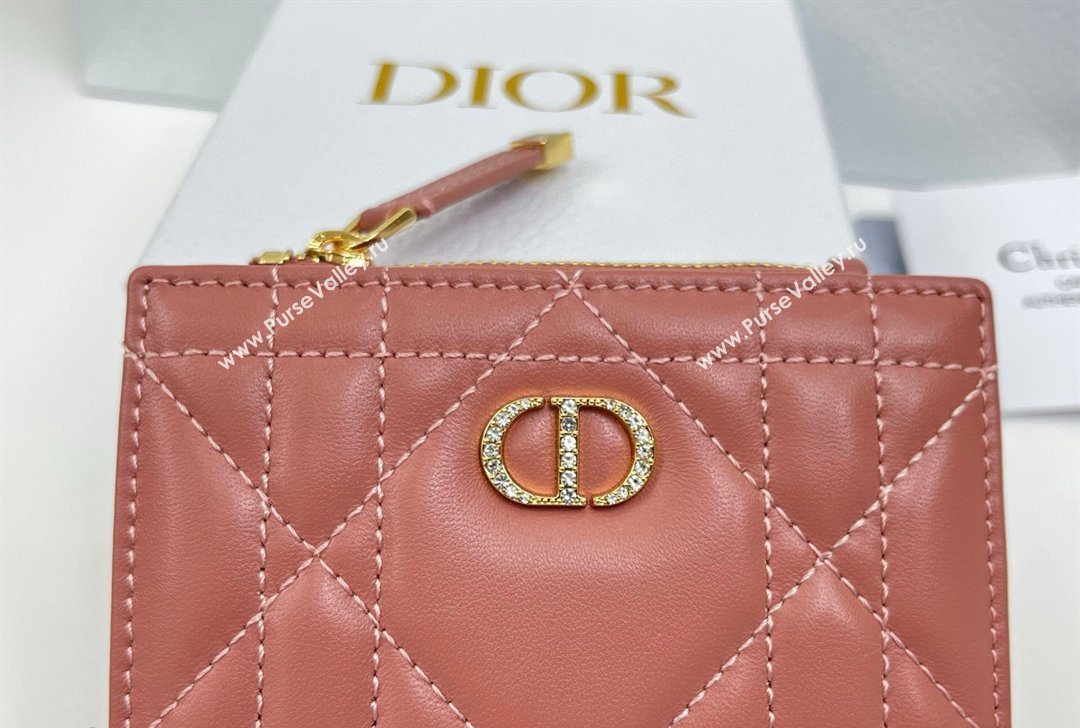 Dior Caro Dahlia Wallet with Crystals in Macrocannage Lambskin Leather Vintage Pink 2026 4208 (XXG-260127002)