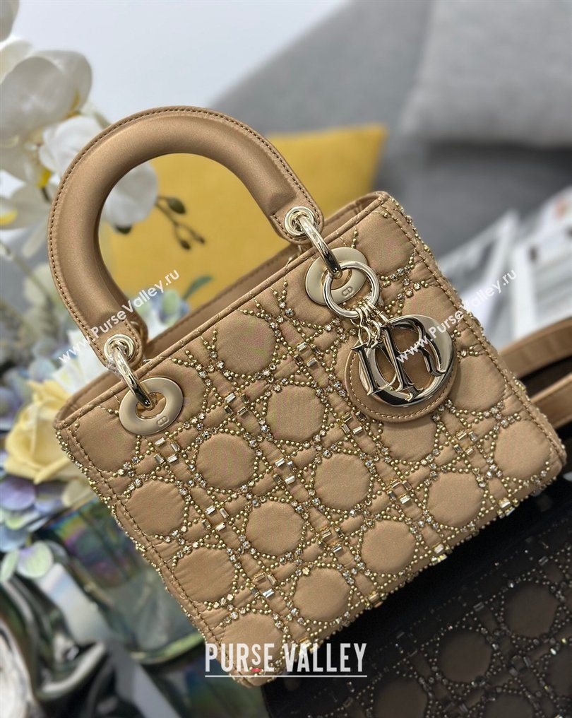 Dior Mini Lady Dior Bag in Satin and Crystals Beige 2026 0127 (XXG-260127017)
