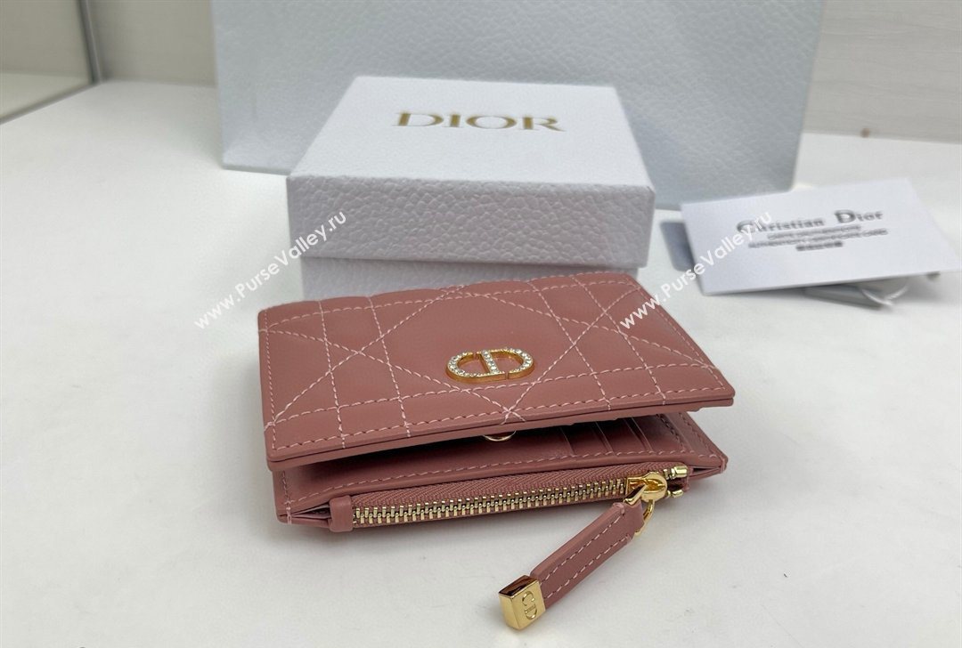 Dior Caro Dahlia Wallet with Crystals in Macrocannage Lambskin Leather Vintage Pink 2026 4208 (XXG-260127002)