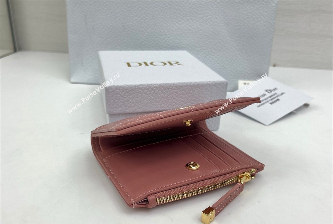 Dior Caro Dahlia Wallet with Crystals in Macrocannage Lambskin Leather Vintage Pink 2026 4208 (XXG-260127002)
