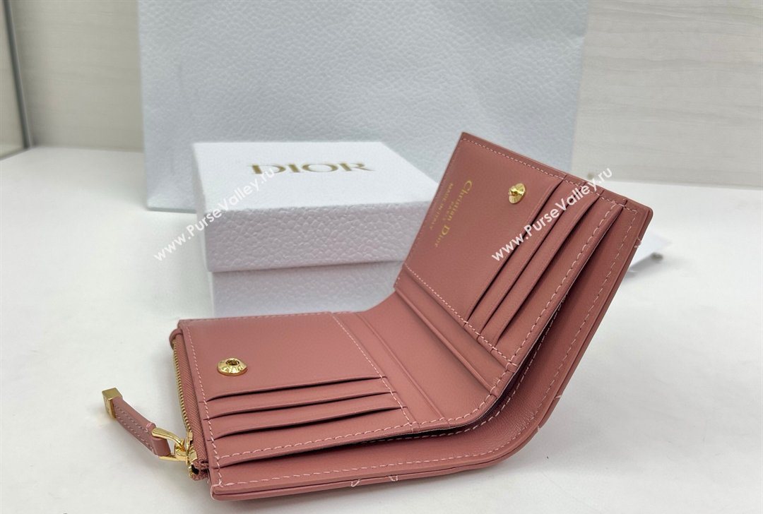 Dior Caro Dahlia Wallet with Crystals in Macrocannage Lambskin Leather Vintage Pink 2026 4208 (XXG-260127002)