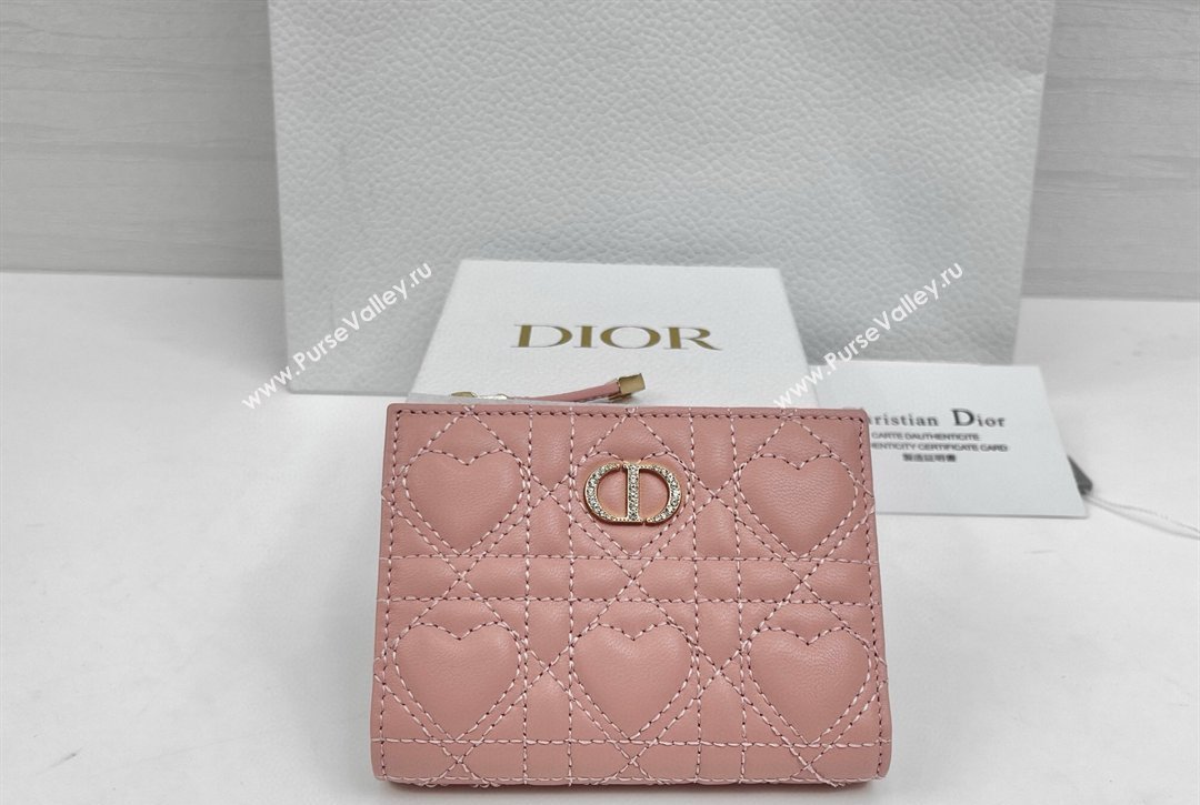 Dior Caro Dahlia Wallet with Crystals in Heart Macrocannage Lambskin Leather Pink 2026 4208 (XXG-260127006)