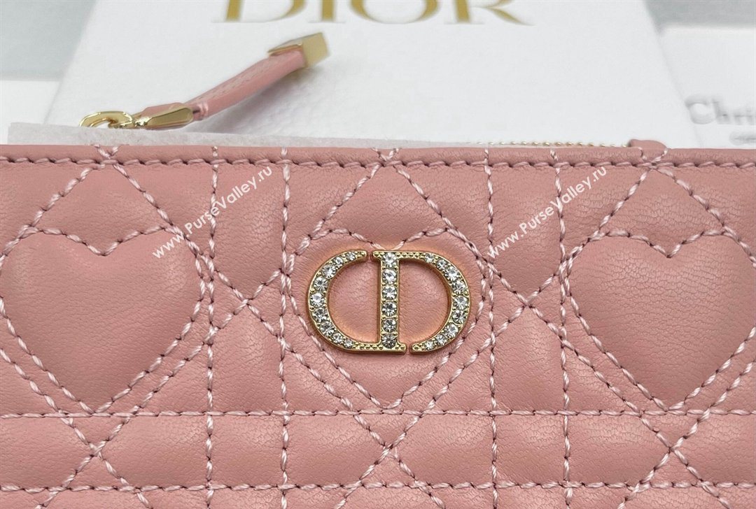 Dior Caro Dahlia Wallet with Crystals in Heart Macrocannage Lambskin Leather Pink 2026 4208 (XXG-260127006)