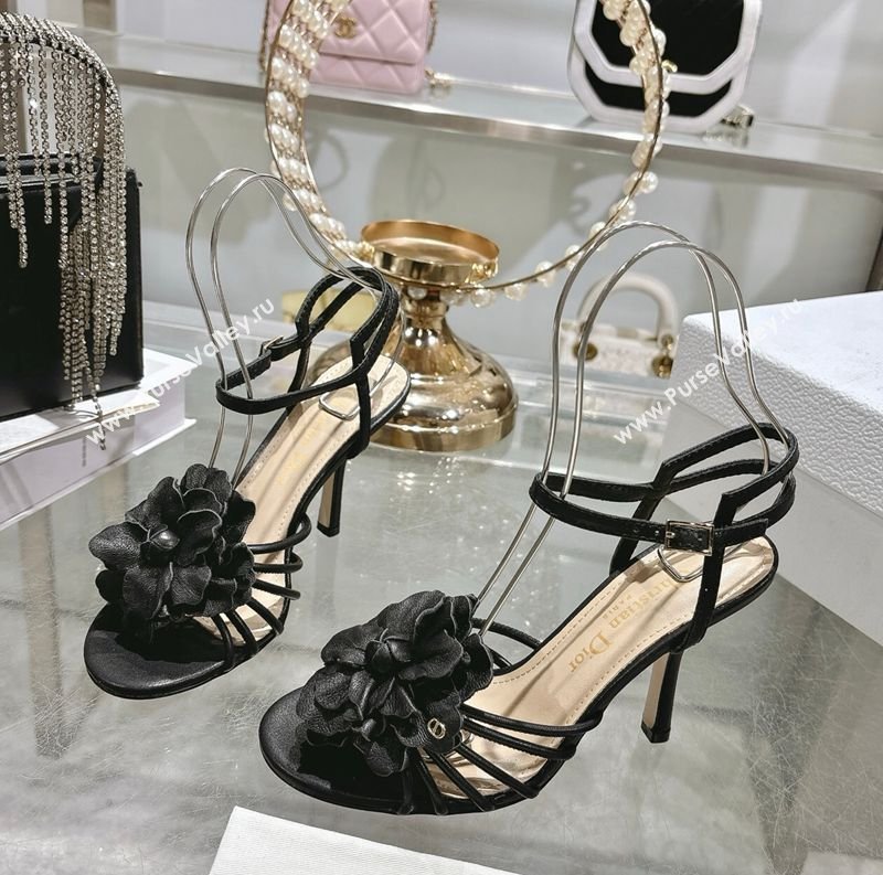 Dior Leather Flower Heel Sandals 7.5cm Black 2026 DR030205 (MD-260302102)